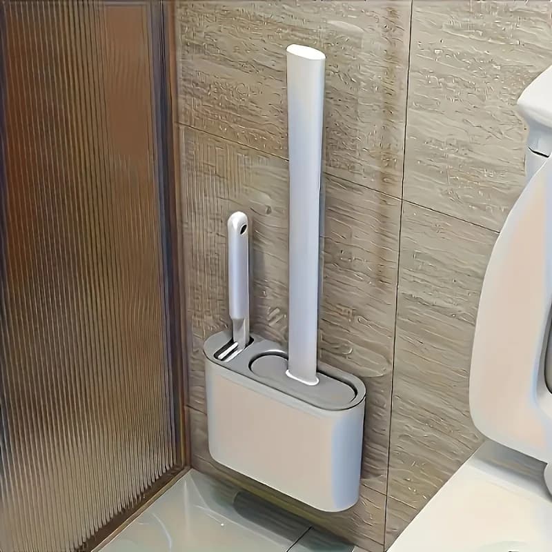 Set scopino per WC a parete, strumento per la pulizia del bagno con testina in silicone, pulitore per WC salvaspazio a manico lungo, ergonomico d