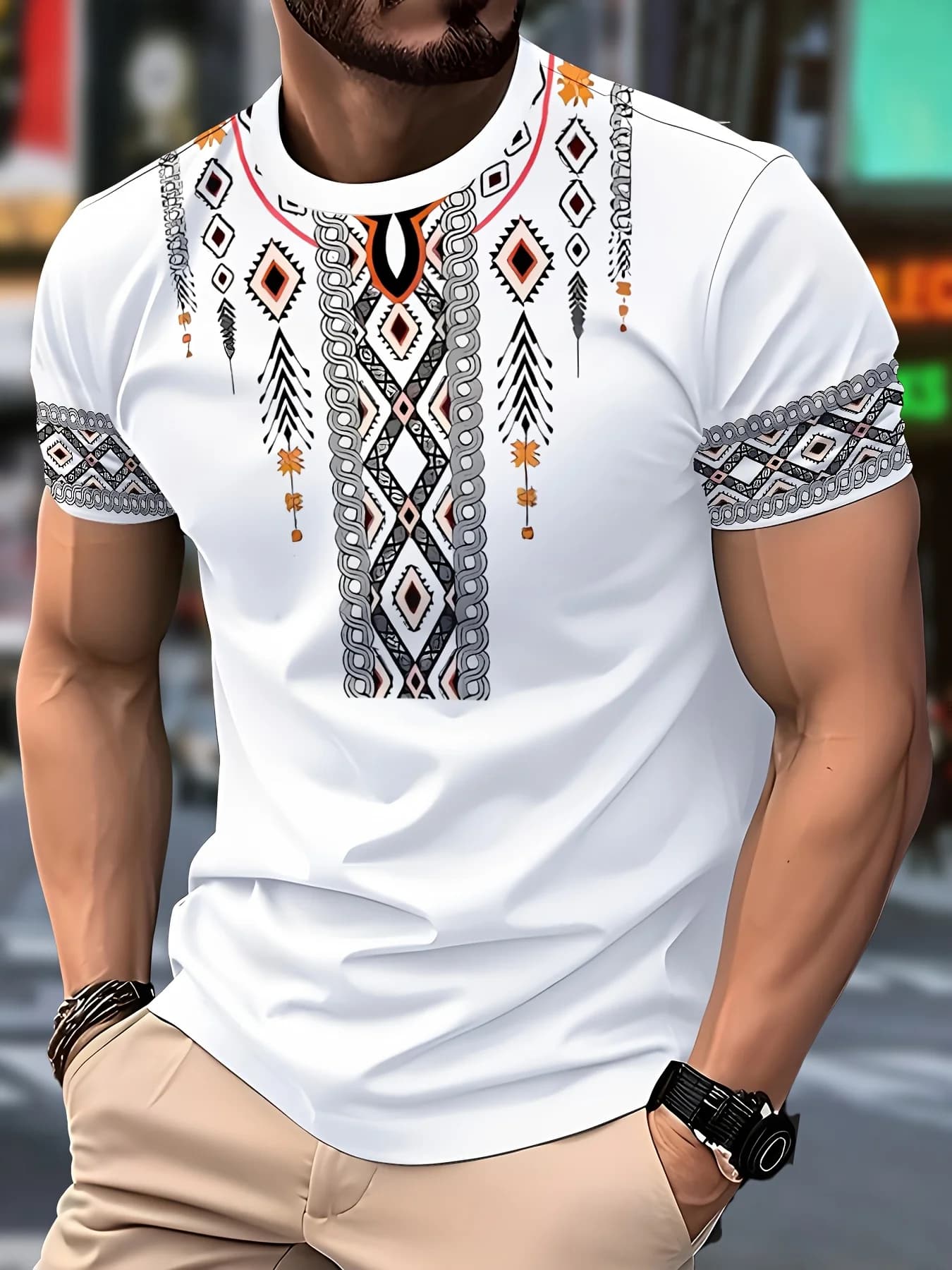 Men White Crew Neck T-Shirt Ethnic Tribal Geometric Diamond Pattern Vintage Aztec Graphic Casual Short Sleeve Tee