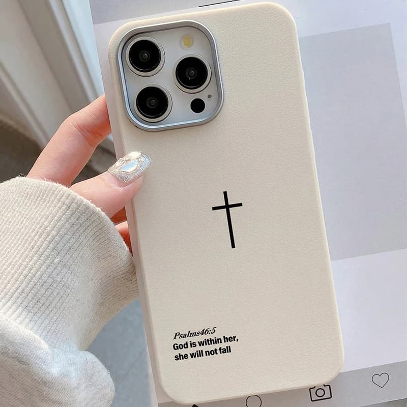 Psalm 46:5 Christian Cross Elegant Lichee Model Phone Case For iPhone 17 11 12 13 14 15 16 Pro Max XS X XR 7 8 Plus 16E Coverage