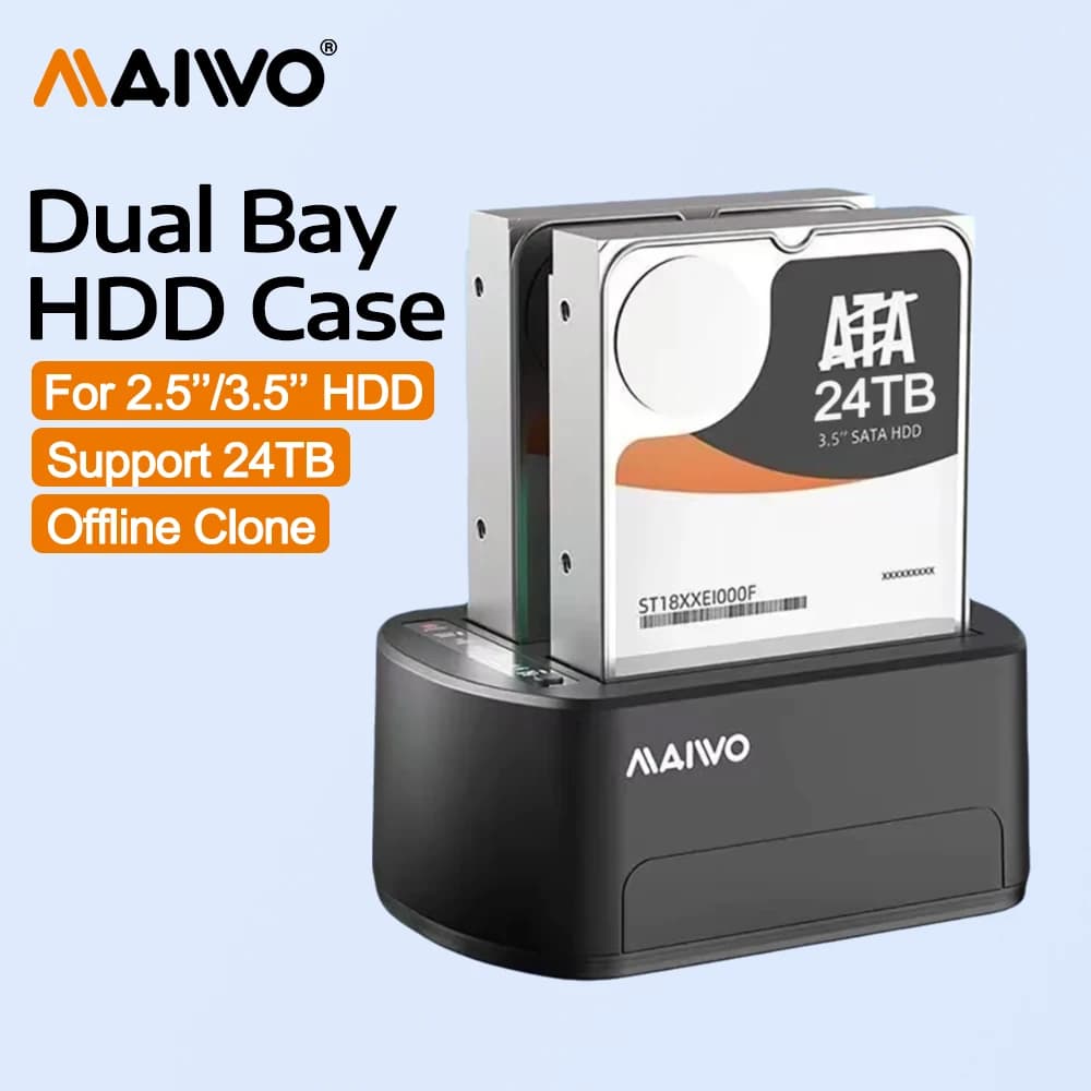 MAIWO 2 Bay External Hard Drive Enclosure for 2.5/3.5 inch SATA HDD/SSD with Offline Clone Support 48TB Capacity 5Gbps with UASP
