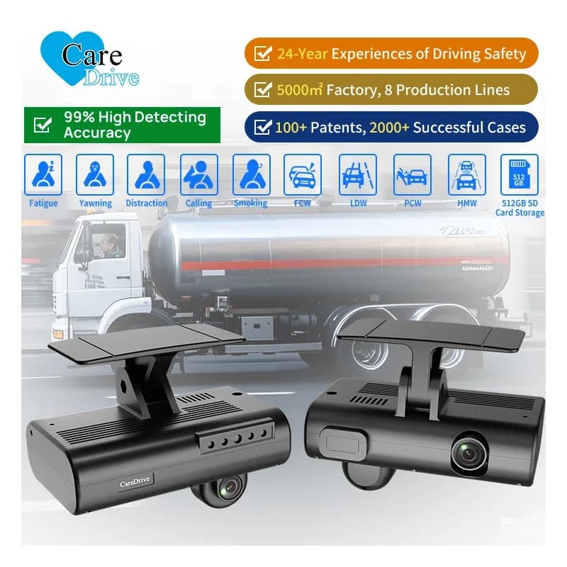 CareDrive 1080p Dual Lens Dashcam with DSM and ADAS Functions FCW LDW HMW PCW AI Pedestrian Detection for Cars and Forklifts