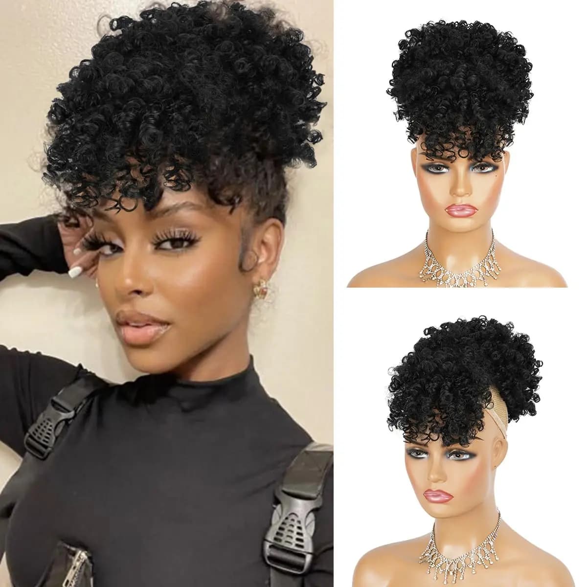 Afro horsetail with coulisse and fringe Hair updo pineapple for black women, synthetic chignon short crevice with horsetail