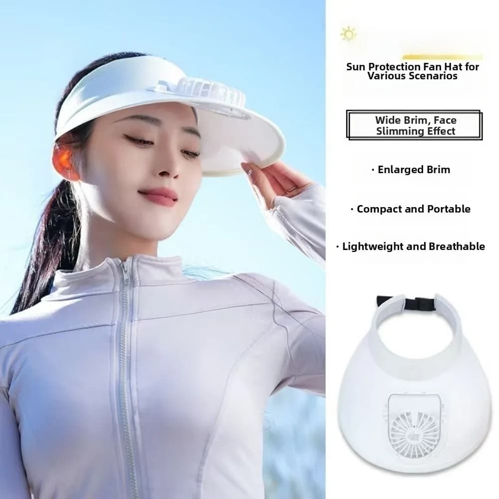 USB Rechargeable Cooling Fan Hat Large Brim Breathable Empty Top Sunscreen Cap Portable Anti UV Protection Women Sun Hat