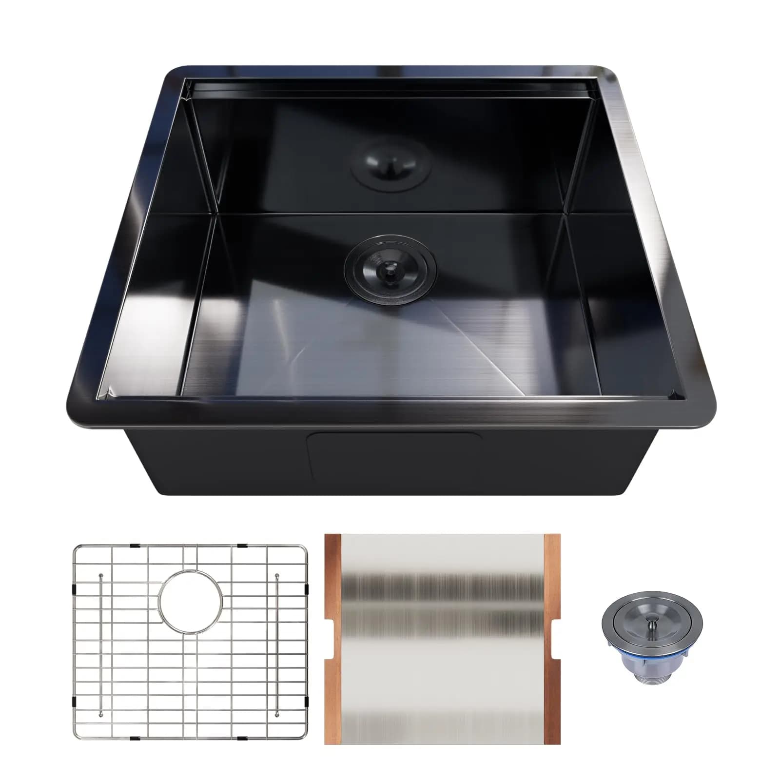 21x19 Inch Black Stainless Steel Undermount Single Bowl Kitchen Sink With Grid, Cutting Board, And Strainer