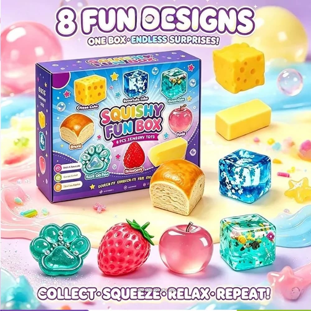 Needoh 8Pcs Mystery Squishies Blind Box Soft Squeeze Fidget Toy Stress Relief Decompression Surprise Collectible Gift Set