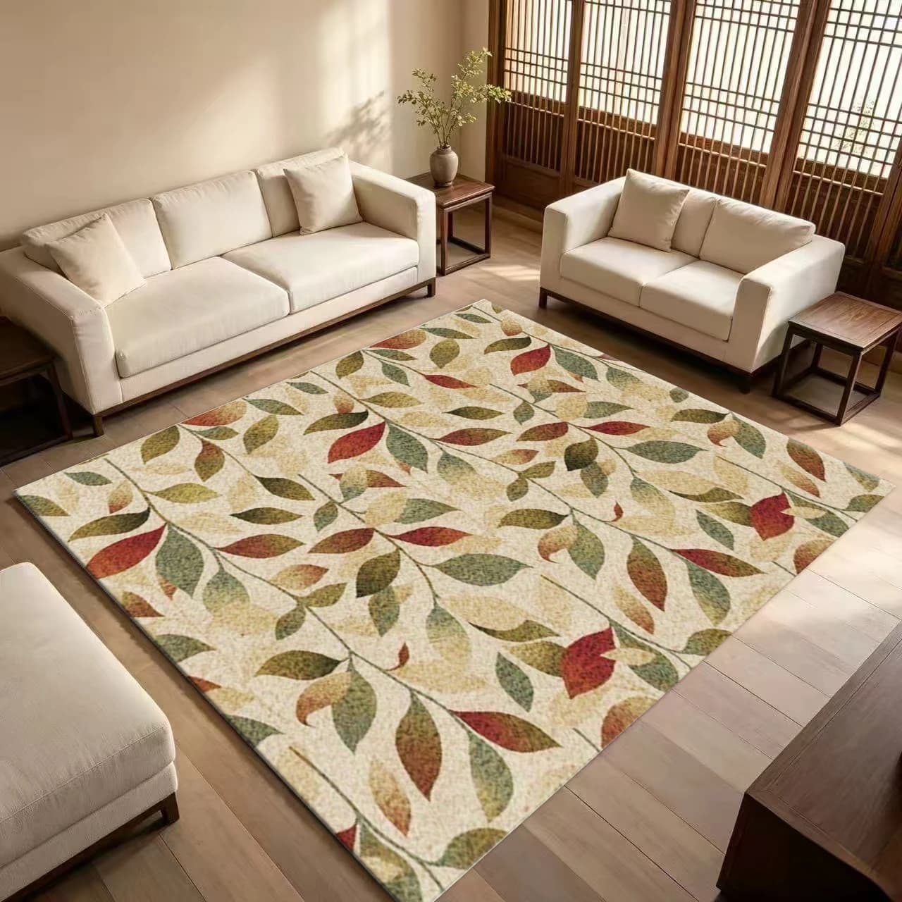 Botanical Leaves Pattern Area Rug Autumn Plant Foliage Beige Carpet Soft Non-Slip Floor Mat Living Room Bedroom Decor