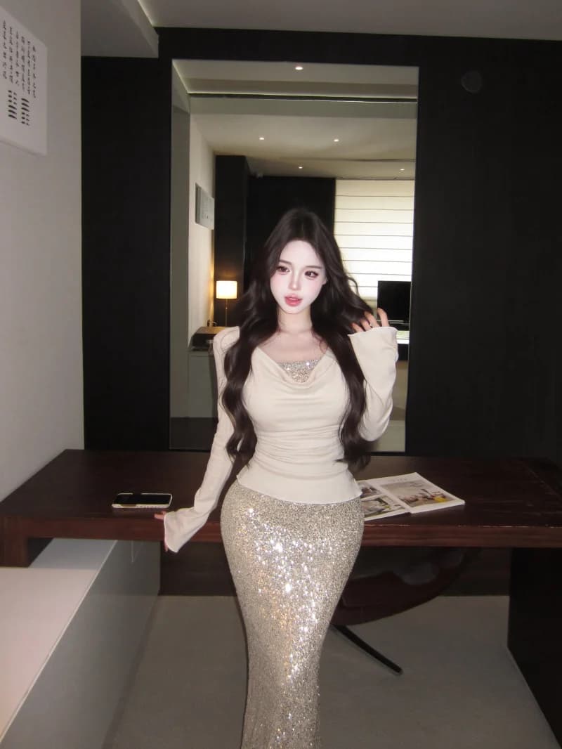 Kumikumi Summer Sexy Pure Desire Long Sleeve Knitted Top And Half Skirt Two Piece Set Women's Fashion Bright Sequin Long Dress