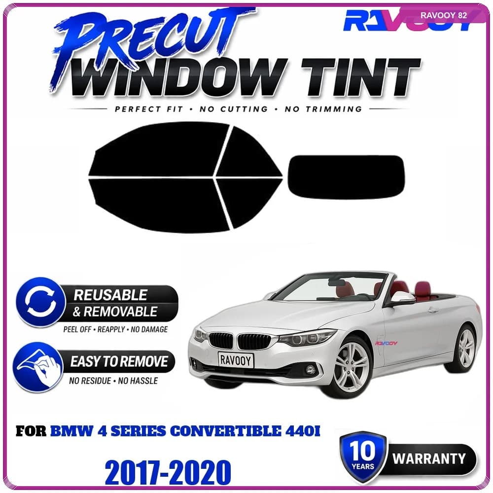 Precut Window Tint, Reusable Removable EPU Film, Custom Fit for Bmw 4 Series Convertible 440i 2017-2020, UV Heat Protection