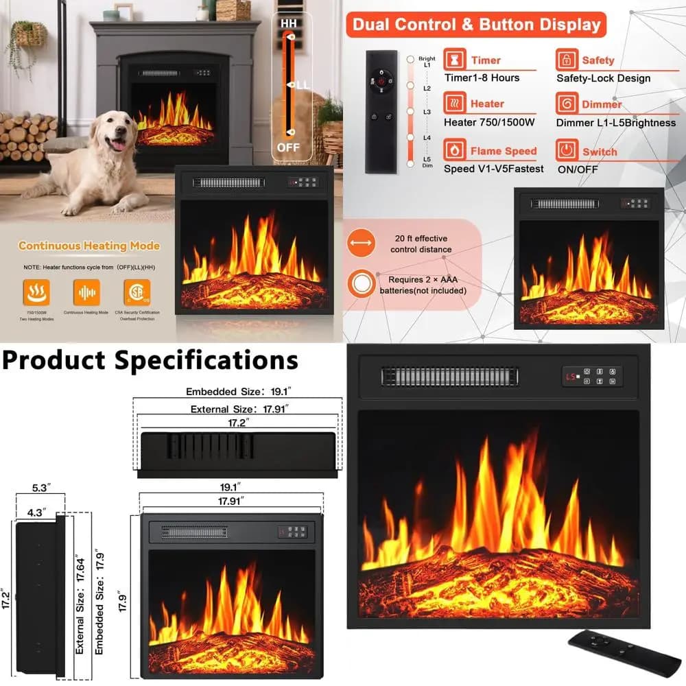 Inserto per Caminetto Elettrico da 18 Pollici con Timer 8 Ore, Telecomando e Fiamma LED Regolabile per Supporti TV, 750/1500W