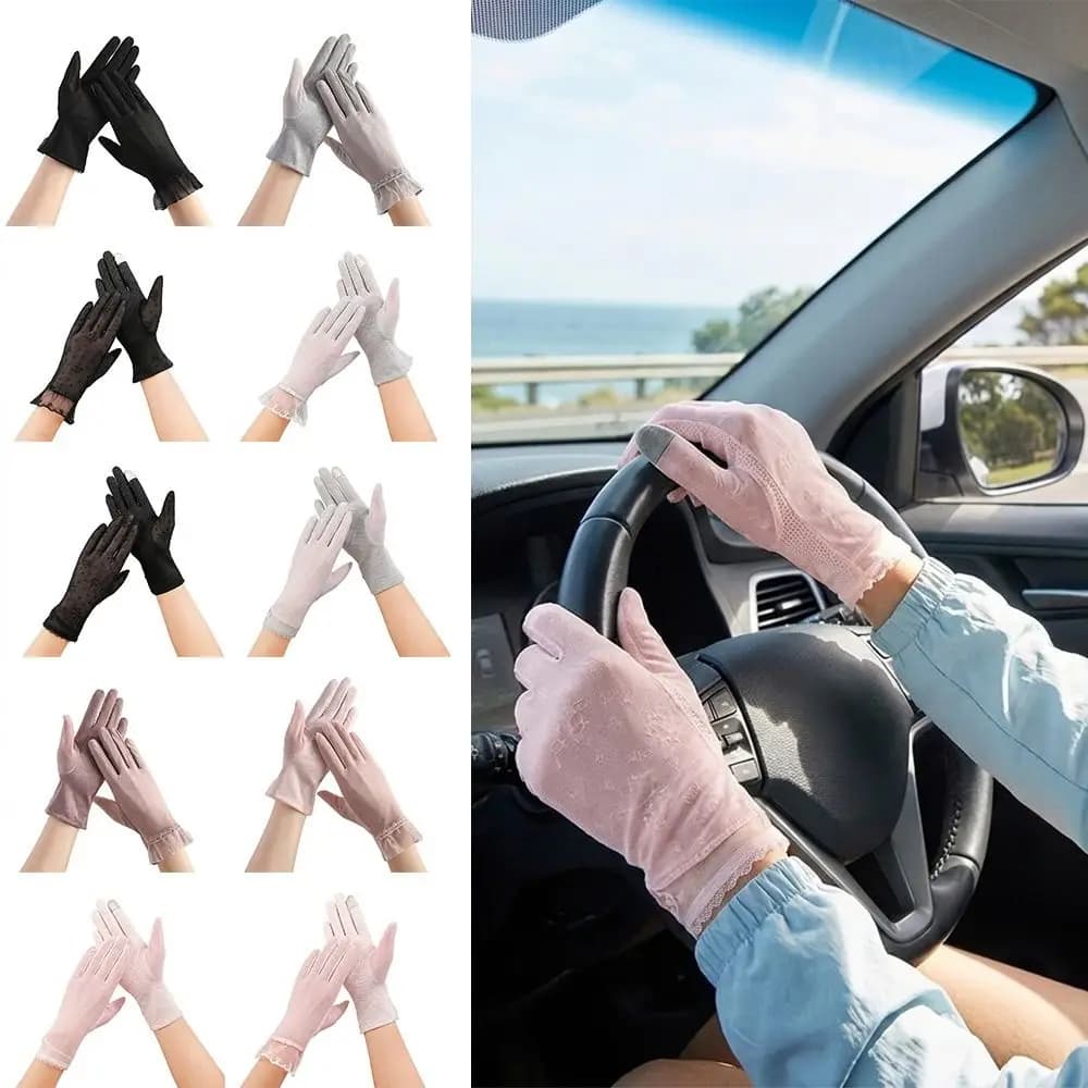 Guanti in pizzo alla moda, sottili, antiscivolo, anti-UV, con bordo a gonna, protezione solare, in seta ghiaccio, per ciclismo, guida, corsa