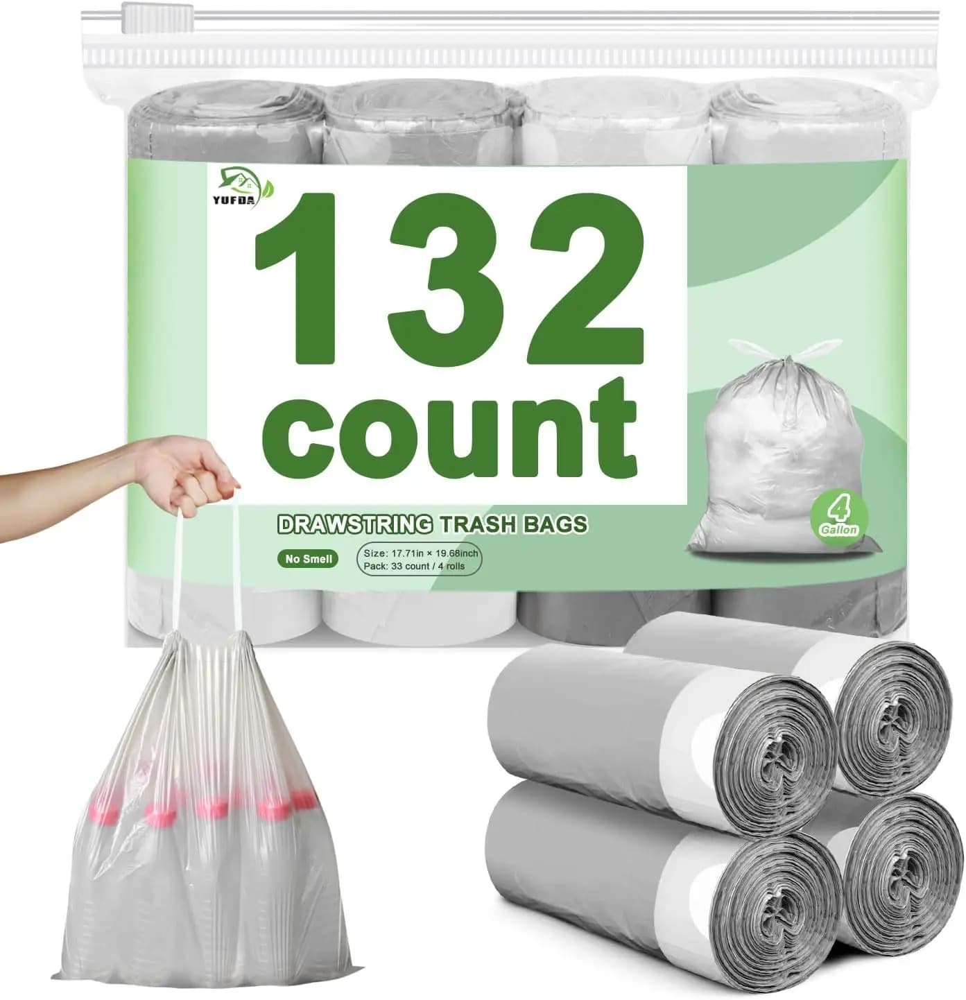 132 Count-Small Trash Bags,4 Gallon Trash Bag Drawstring,White Bathroom Garbage Bags,Tear-Free Garbage Bags,Plastic Wastebasket