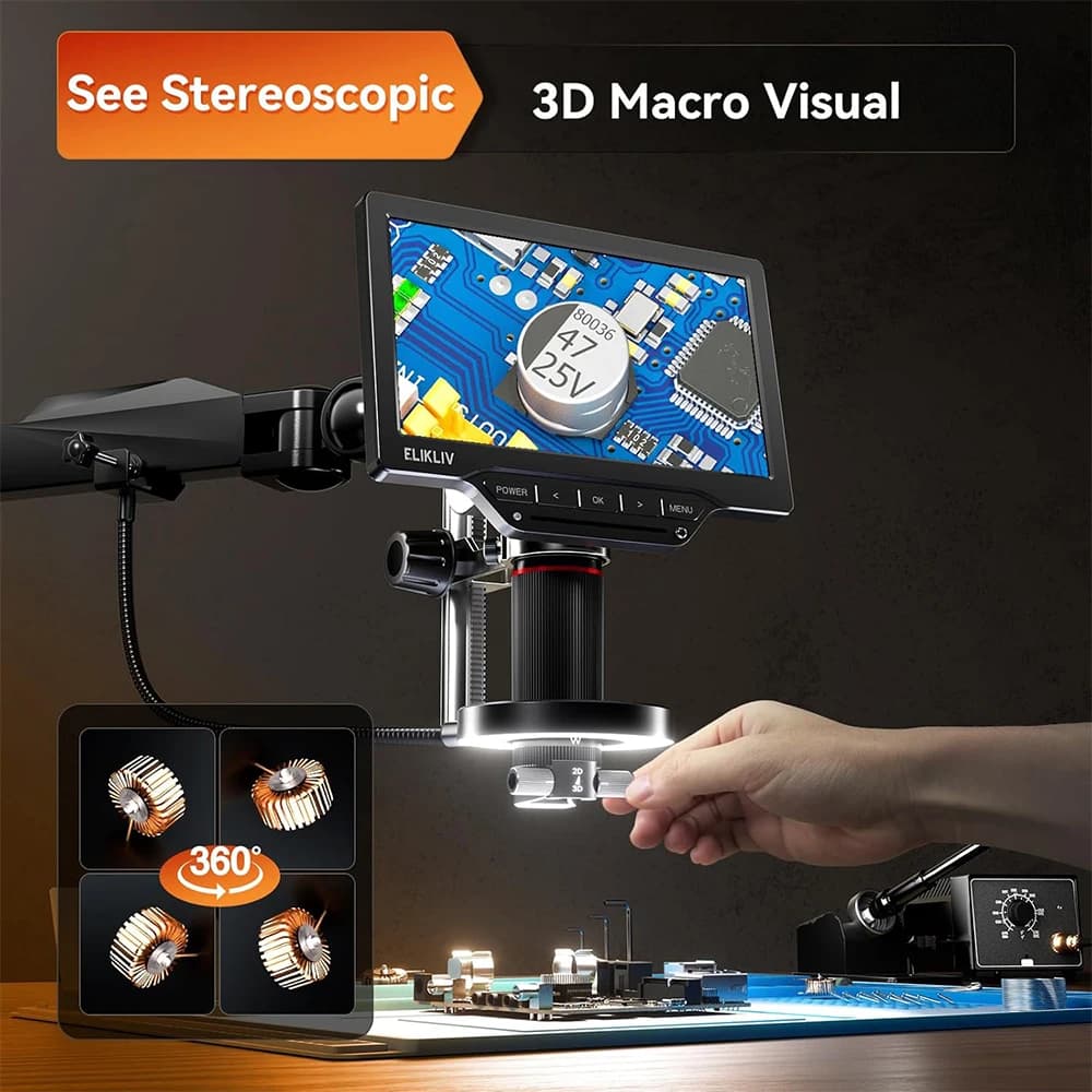 Microscopio digitale Elikliv da 7" 3D con braccio flessibile magnetico a doppia lente con anello luminoso Microscopio per saldatura 3K per elettronica EM3K-3D