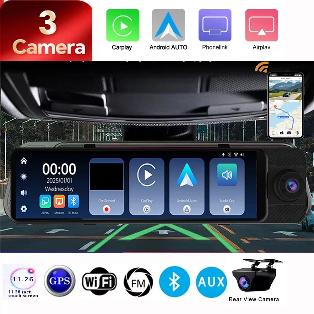 Dash Cam UHD 4K 3 channel, 11 inch GPS WiFi integrated with IR night vision, G sensor, WDR, parking mode