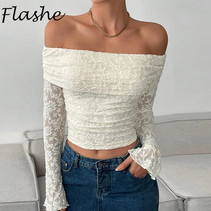 T-shirt a maniche lunghe con spalle scoperte semplice di nuovo stile moda T-shirt sexy da donna T-shirt attillate Y2K solide eleganti in pizzo bianco nero