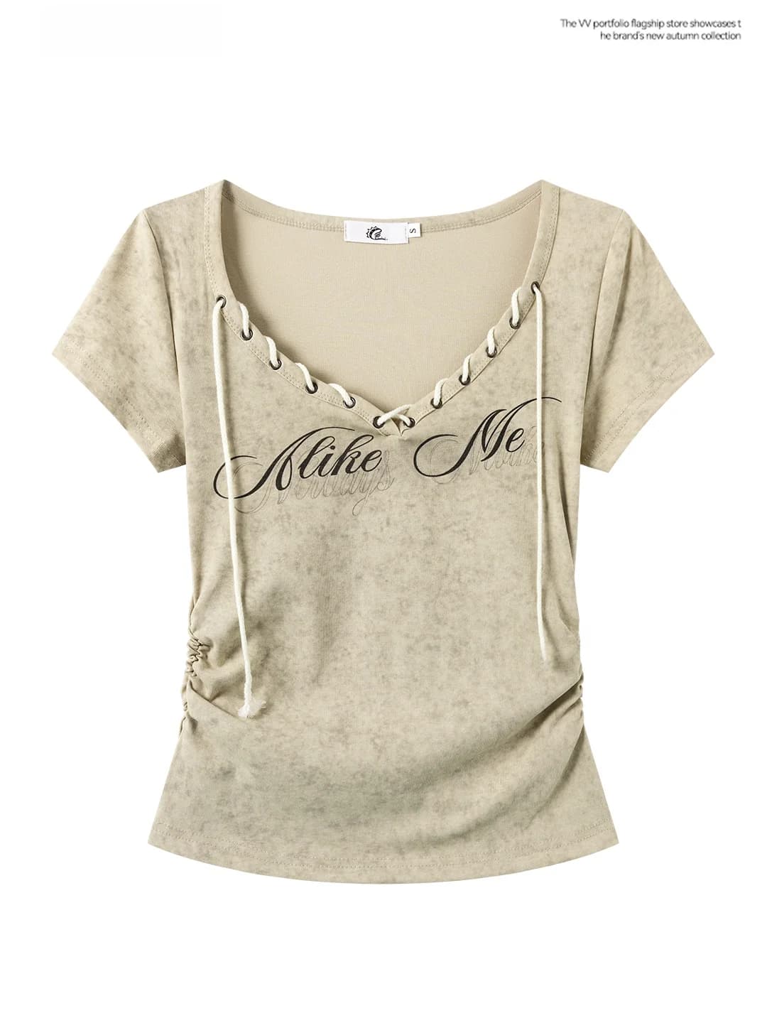 Retro Khaki V-neck T-shirt Women's Slim Fit Short Sleeve Letter Print Top Summer Slimming Pleated Small Size Upper Body