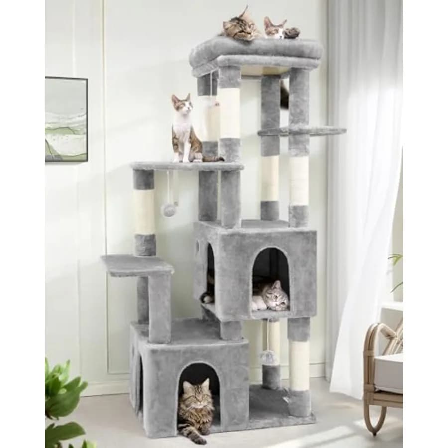 Tiragraffi Robusto per Gatti da Interno, Gatti Grandi, Gatti Adulti, Maine Coon, con Postazione Superiore Extra Grande, Colore Grigio Chiaro, 61 pollici