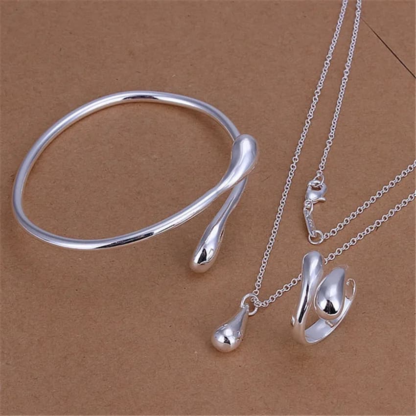 Popular Brands: 925 sterling silver jewelry set with drop necklace, bracelet, rings and bangle for woman, ideal for parties and fashionable gifts.