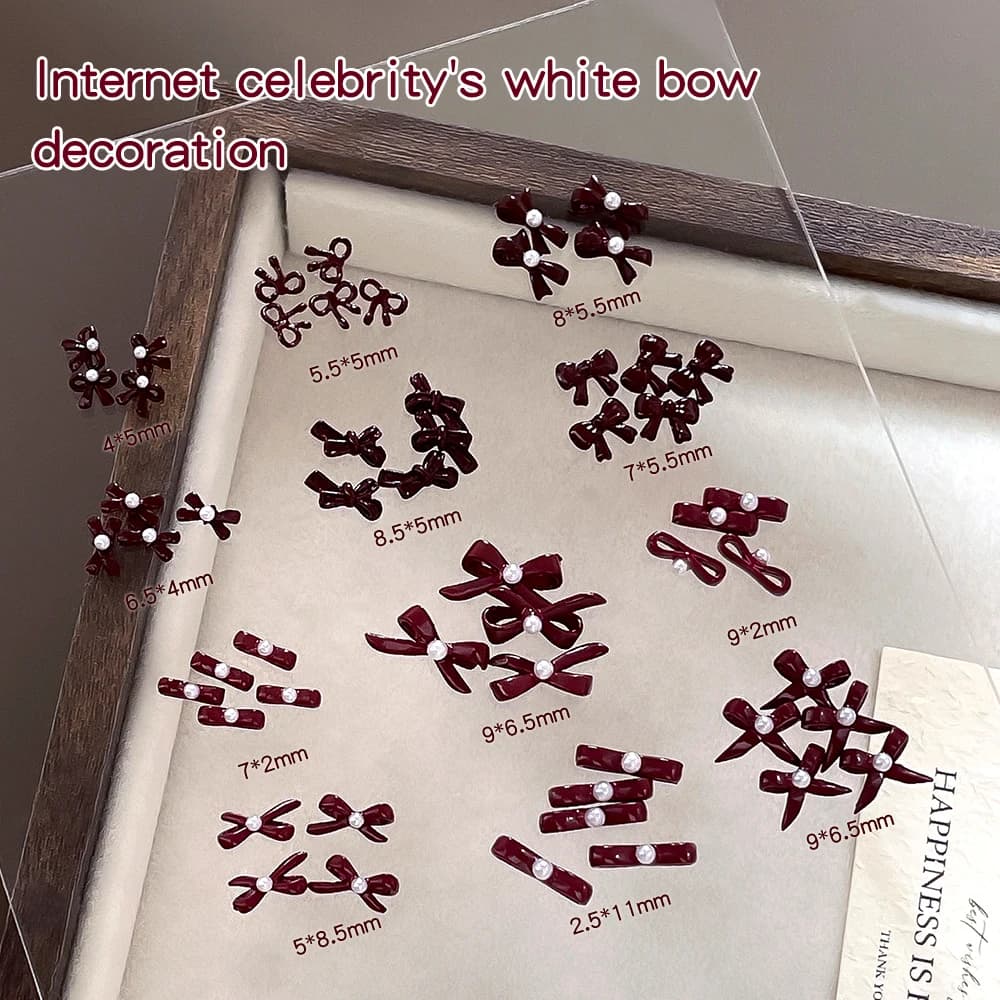 KANIU 5PCS Cute Red Ribbon Bow Nail Art Pearl Studded Red Bow Minimalist Pearl Bows Nail Art Accessories New Year Bow Nail Charm