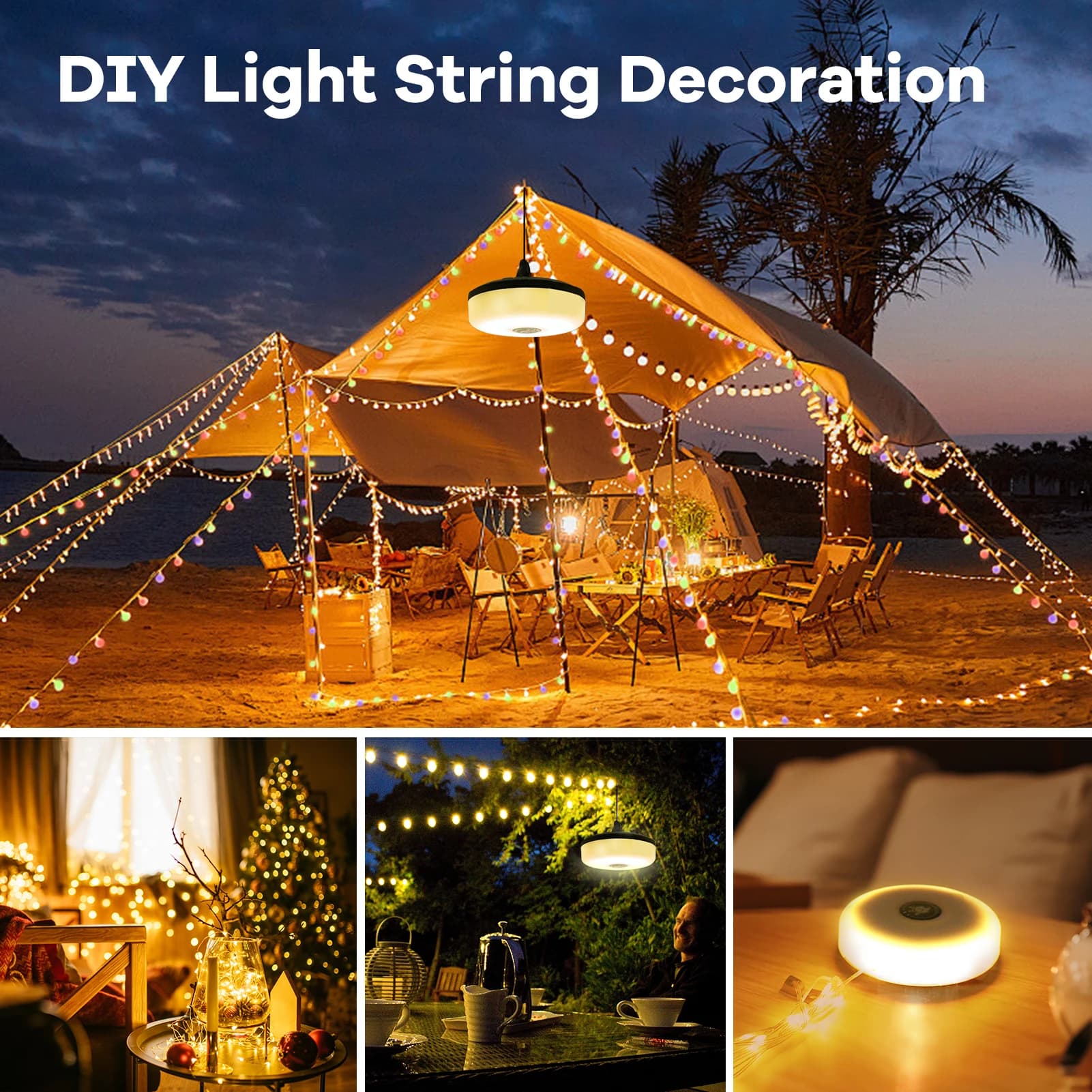 Luci da Campeggio, Catena Luminosa 10m, Luci RGB Impermeabili per Esterni, Striscia Luminosa per Tenda, Lampada da Campeggio, Luce Notturna LED Riciclabile