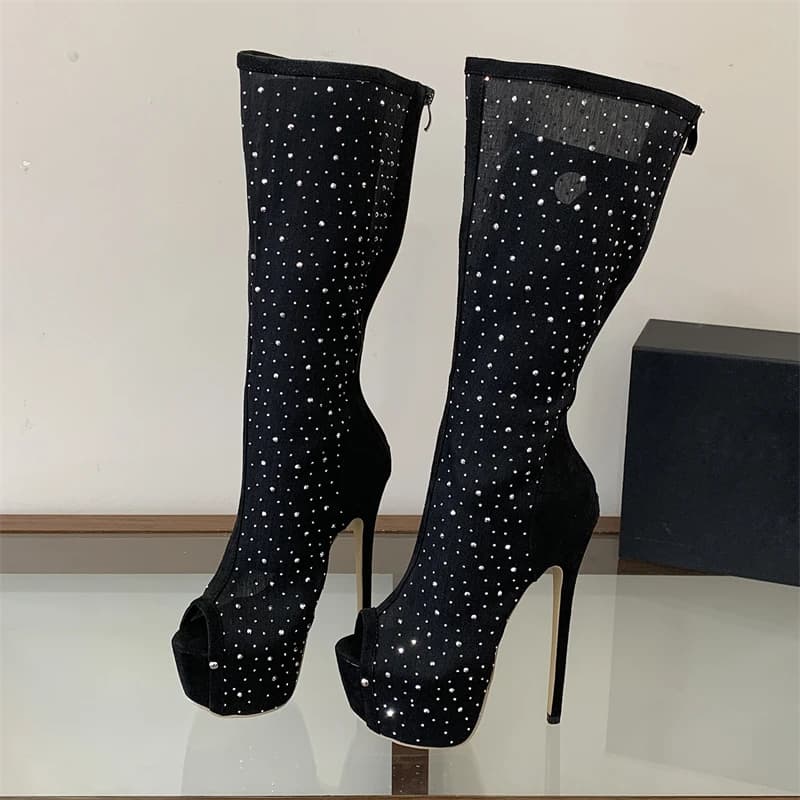 Aneikeh Stivali Alti al Ginocchio da Donna Neri in Rete Trasparente con Strass, Punta Aperta, Plateau, Tacco a Spillo, Sexy, con Cerniera Posteriore, per Feste e Club