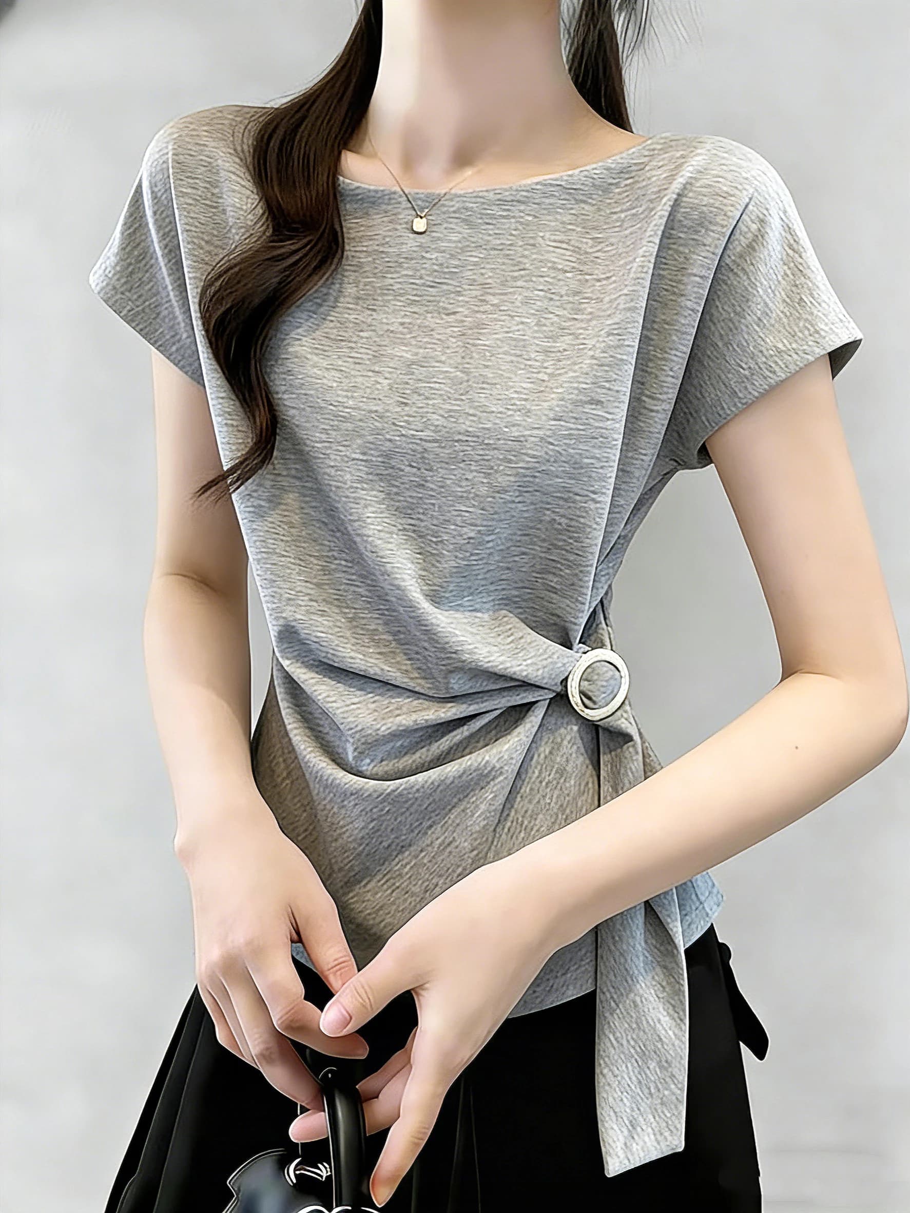 Gray Shoulder-Length Short-Sleeve T-Shirt Women's Summer New Style plus Size Loose Fit Casual Top Asymmetrical Design Belt Wa...