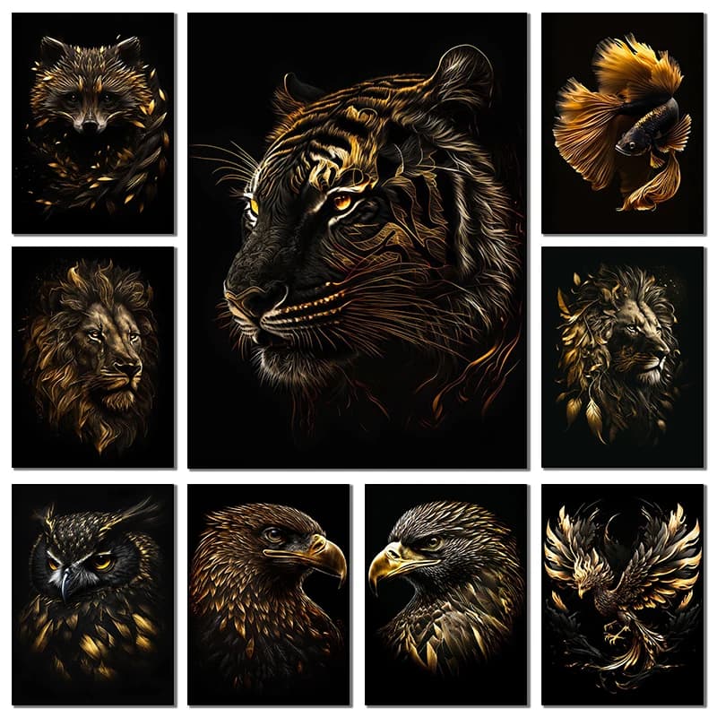 Black and Gold Animals Canvas Painting And Prints Lion Tiger Posters Wall Art Picture For Living Room Home Decor Frameless Gi