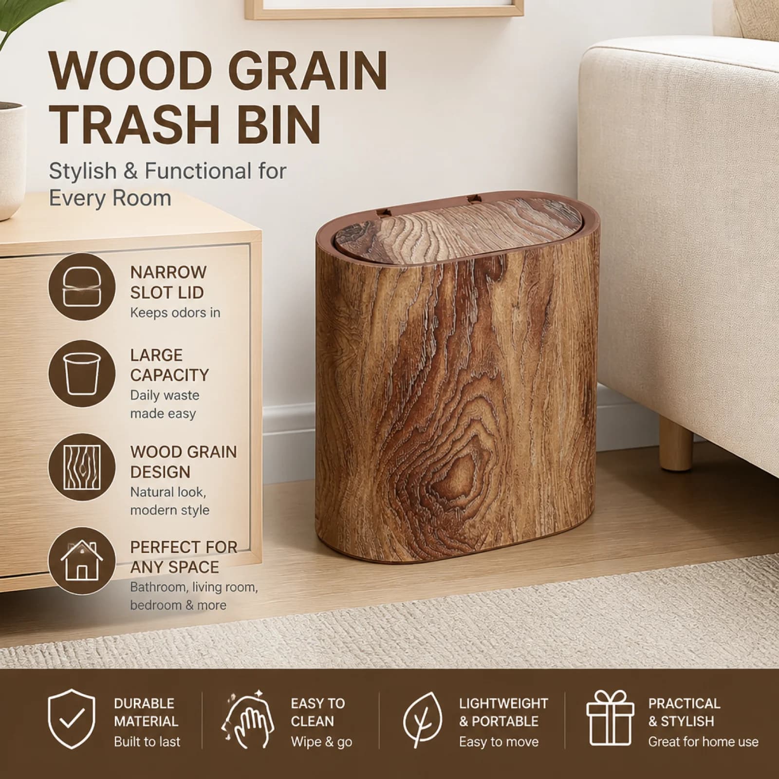 Wood Grain Trash Can Large Capacity Trash Bin Space Saving Wastebasket for Bathroom, Living Room, Office Natural Wood Pop-up