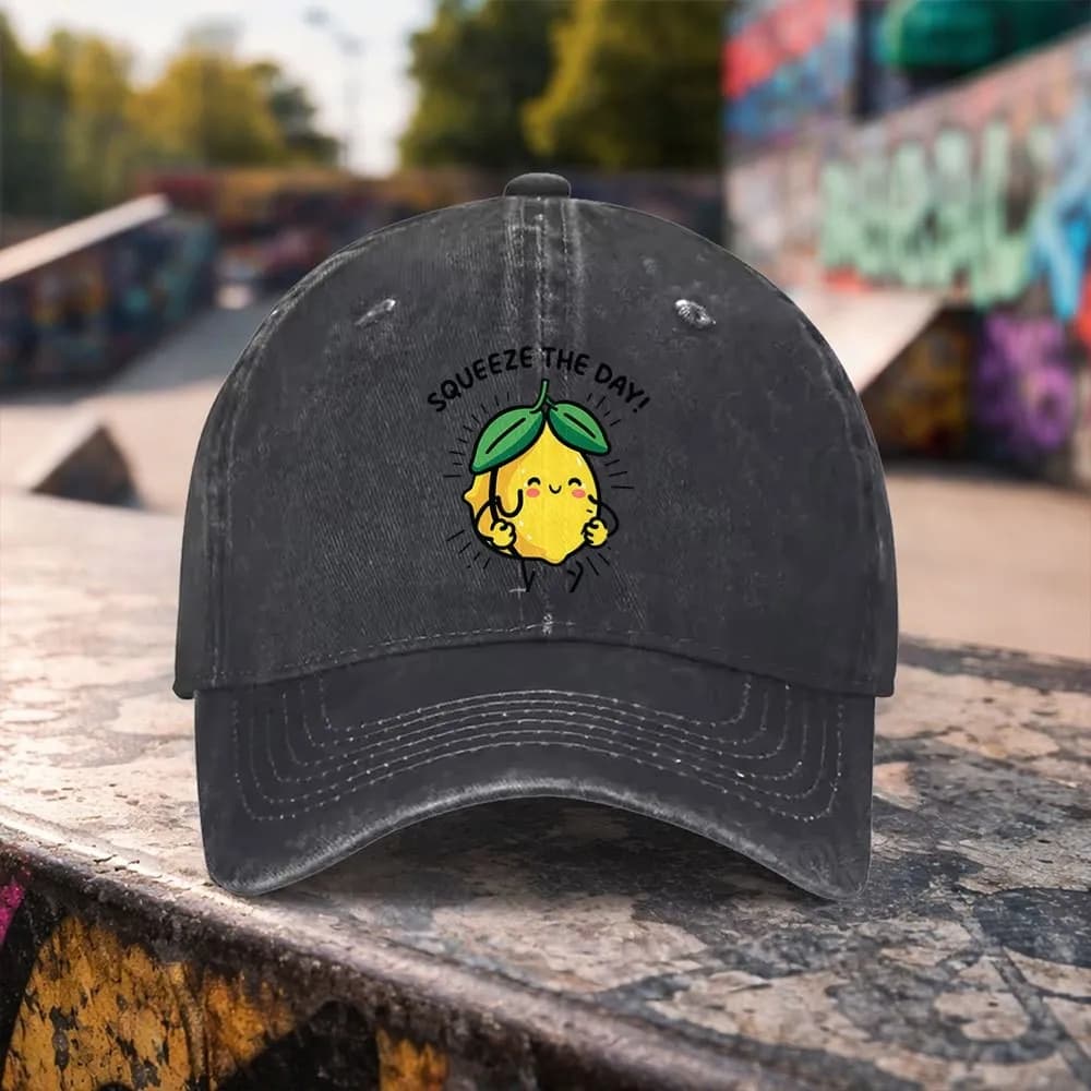 Divertente Cappellino da Baseball con Grafica Lemon Squeeze Day, in Cotone Lavato, Regolabile, per Uso Casual e Outdoor