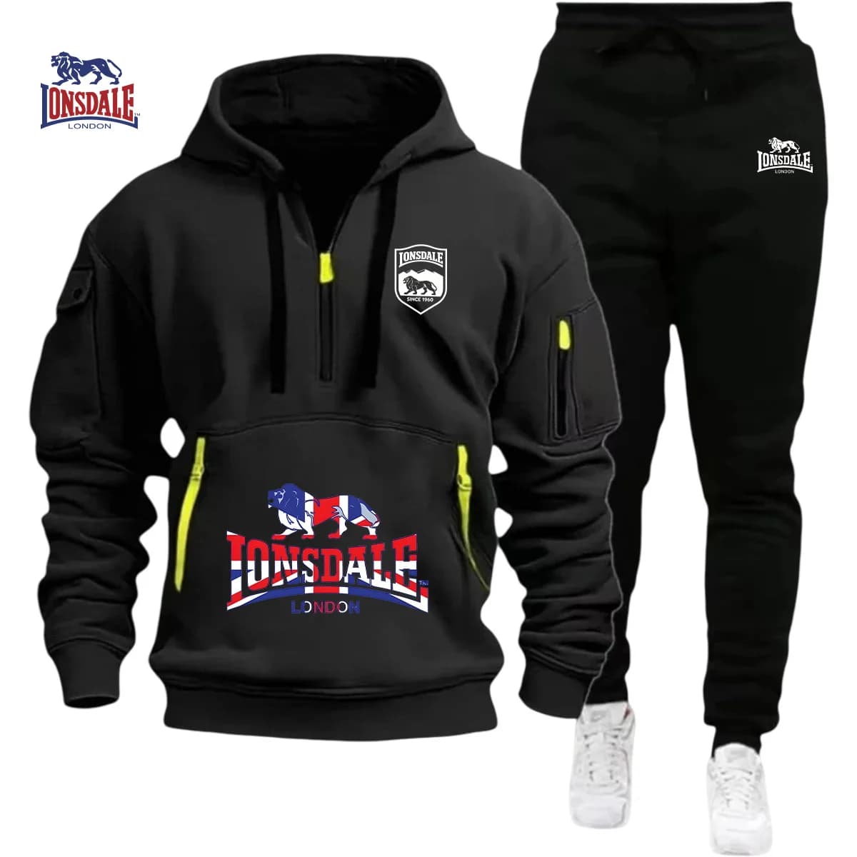 LONSDALE Men's Kangaroo Pocket Hoodie Set Autumn Winter Fleece Sweatshirt Sports Pants 2 Piece Casual Fitness Tracksuit