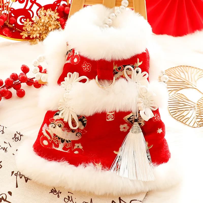 Cute Pet Dog Cat Autumn Winter Thick Princess Dress, Festive Chinese Tang Suit Leash Harness for Small Dogs Teddy Puppy Clothes