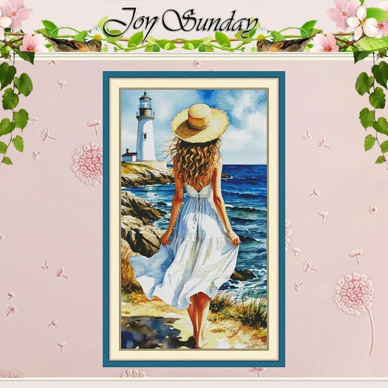 The Girl at the Coastal Patterns Counted Cross Stitch Set 11CT 14CT 16CT HD Stamped DMC Cross-stitch Kit Embroidery Needlework