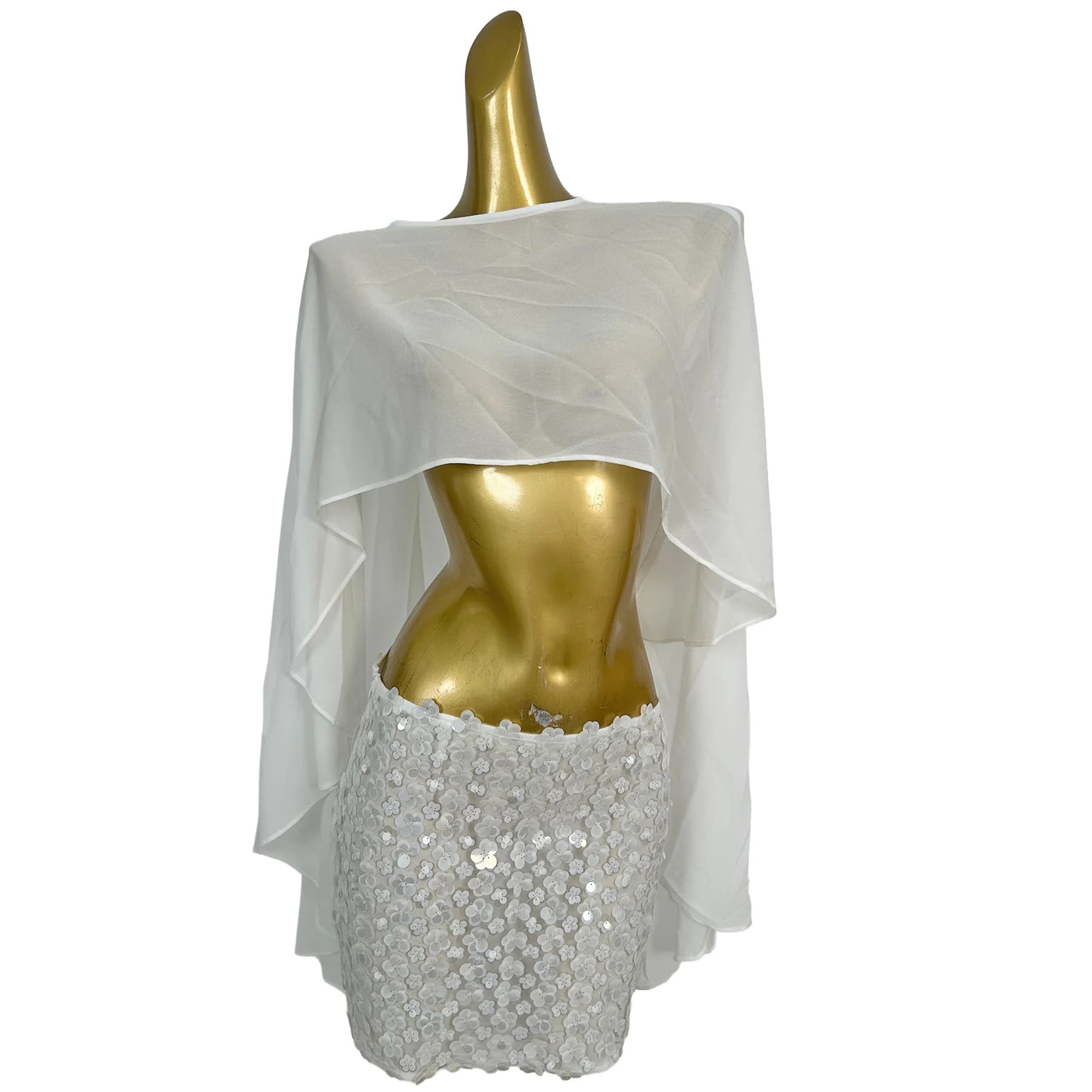 Set con Mantella in Chiffon Bianco e Minigonna con Fiori 3D e Paillettes per Drag Queen, Spettacoli di Cabaret e Serate in Discoteca