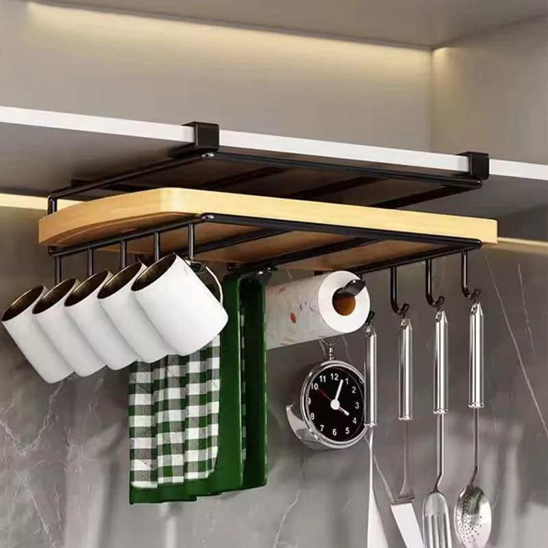 Portable Storage for Paper Towel Cutting Board Pot Lids Under Cabinet Kitchen Organizer Rack Hooks Multi-Purpose Storage Shelf