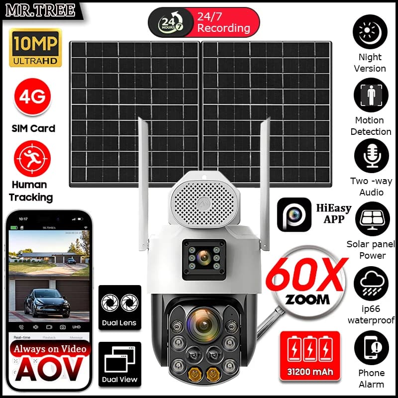 Telecamere solari di sorveglianza Wifi per esterni domestici 5MP 4G SIM Protezione di sicurezza Waterpoor PTZ PIR Rilevazione di movimento Telecamera IP CCTV