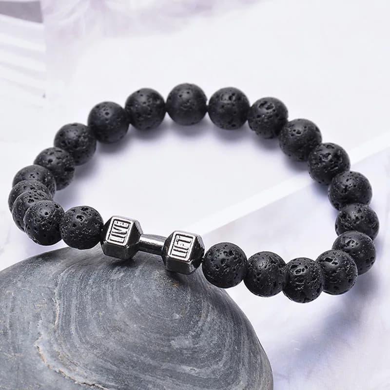 Bracciale con manubri in pietra lavica vulcanica nera naturale, ciondoli a forma di bilanciere, braccialetti con perline per uomo, gioielli