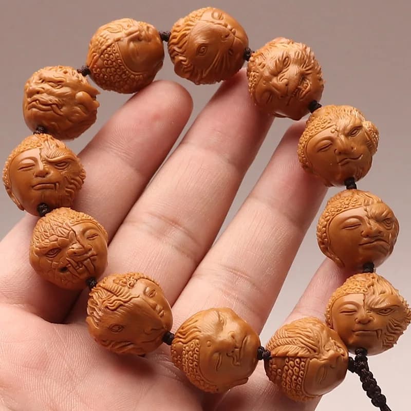 Bracciale con testa di Buddha Tathagata intagliata in osso d'oliva da 19 mm e dodici guardiani dello zodiaco, regalo da uomo Wenwan