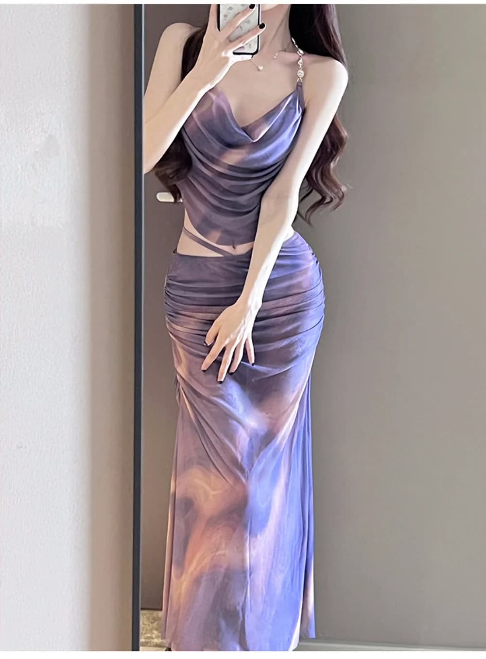 sexy moda coreana tie dye stampa costume da bagno 3 pezzi halter cravatta posteriore piega gilet con gonna lunga copertura bikini imbottito costumi da bagno biquini