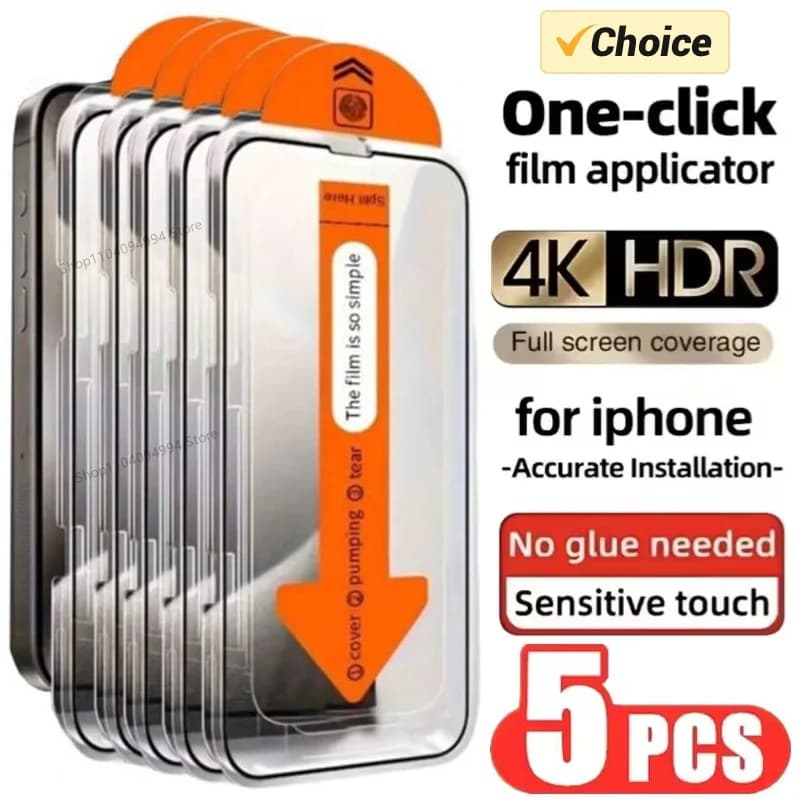 5 pcs powder-free oil coating easy installation screen protection for IPhone 13 11 12 14 15 16Pro Max Mini 16 15 Plus glass