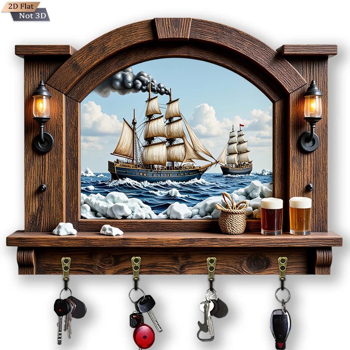 Portachiavi in Legno 2D Piatto, Tema Nautico, Multifunzionale con Quattro Ganci in Metallo, Decorazione da Parete, per Ingresso