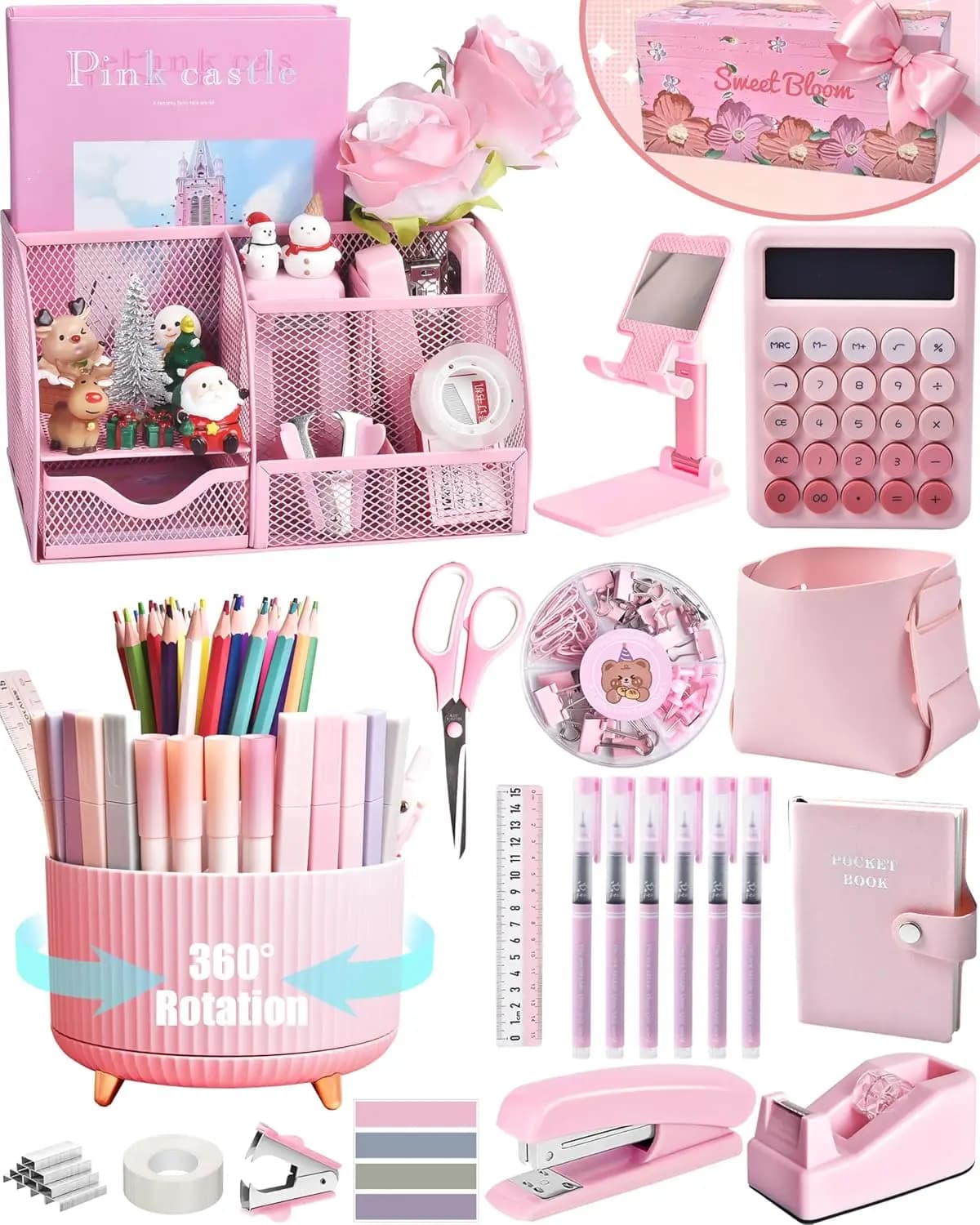 Set Organizzatore da Scrivania Rosa 21 Pezzi con Vassoio in Rete, Portapenne Girevole e Accessori per Ufficio in Confezione Regalo
