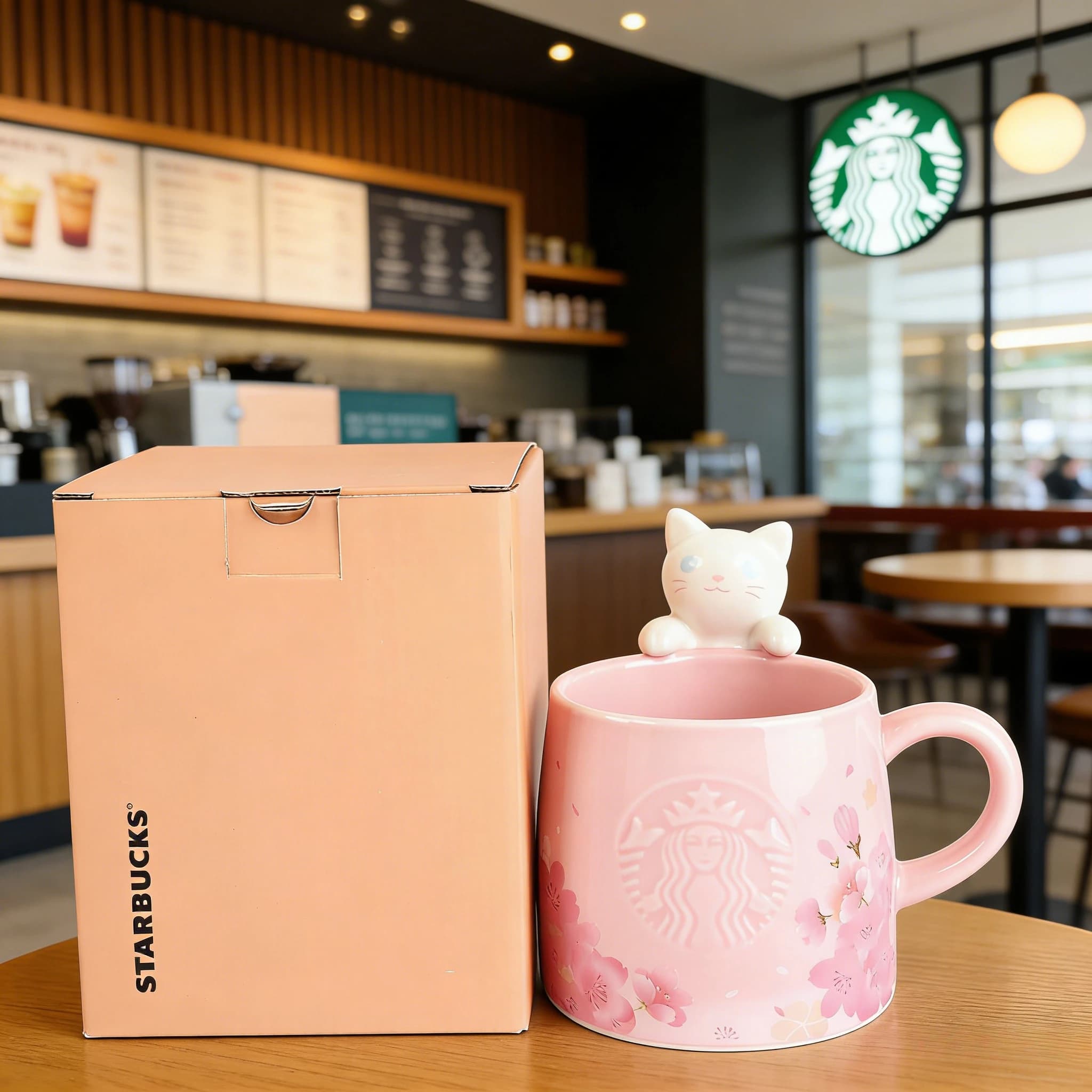 Tazza Starbucks Sakura Season Cat Mug 355ml in Ceramica Rosa con Gatto che Sbircia, Collezione Primaverile
