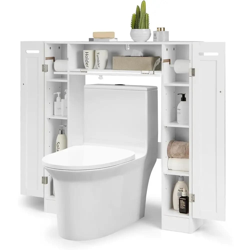 Mobiletto Salvaspazio per Bagno, Bianco, con Ripiani Regolabili e Portarotolo per Organizzazione del Bagno