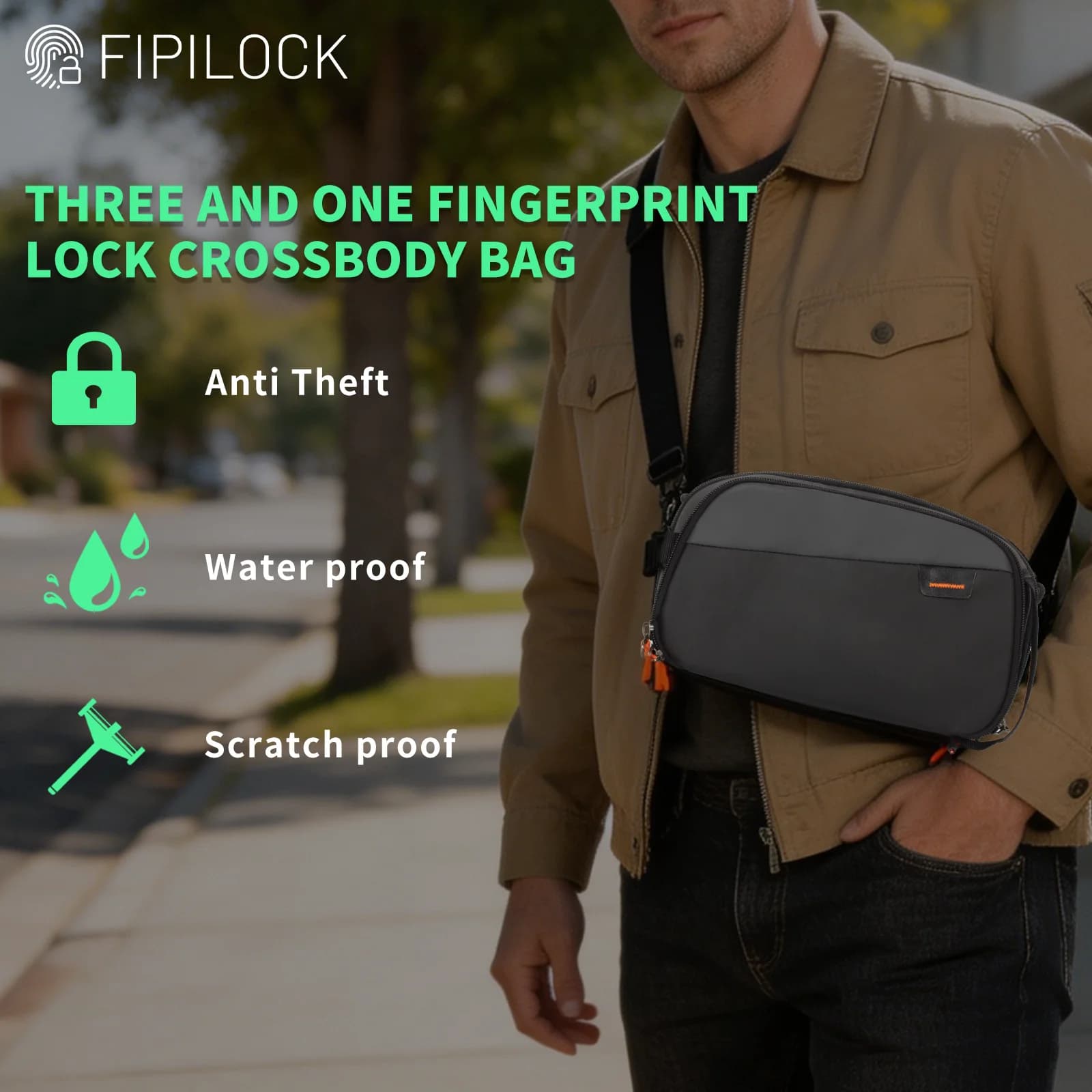 FIPILOCK Clutch Bags Crossbody bag Shoulder Bag for Men and Woman with Smart Fingerprint Unlock Anti-thef Wallets Unlock Fashio