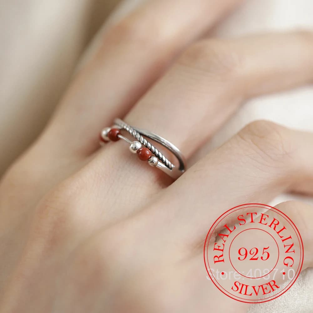 Anelli Aperti in Argento Sterling 925 con Perle di Agata Rossa Mobili, Gioielli da Donna per Matrimoni e Feste, Regalo per Ragazze e Amiche