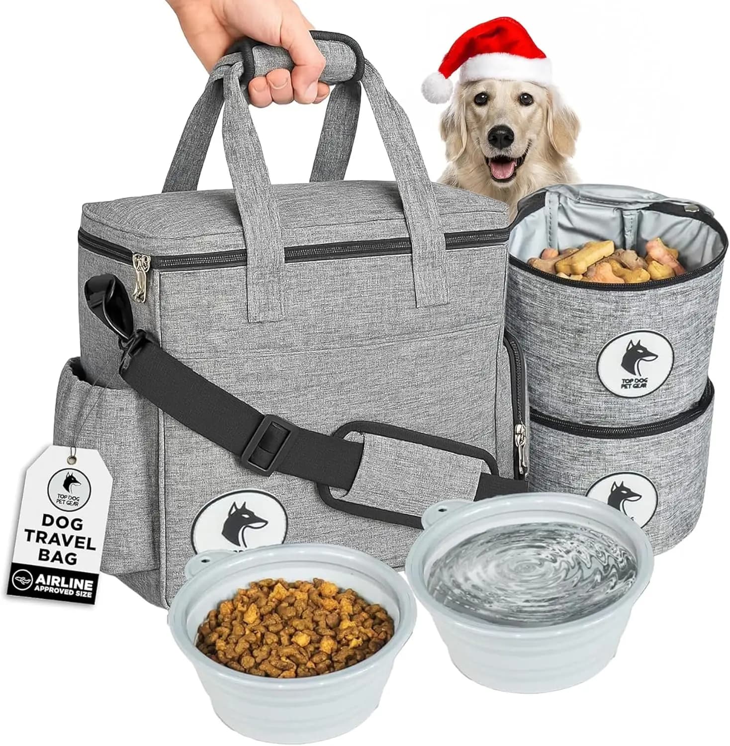 Zaino da viaggio per cani approvato dalla compagnia aerea con ciotole pieghevoli e contenitori per alimenti - Organizzatore di forniture per animali domestici per cani