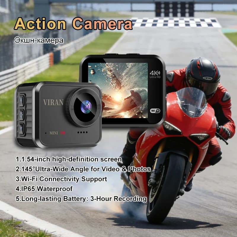Mini Action Camera 4K Ultra HD 16MP Long recording time WiFi 1.54 inch IPS display 145 ° IP67 wide angle waterproof sports DV camera