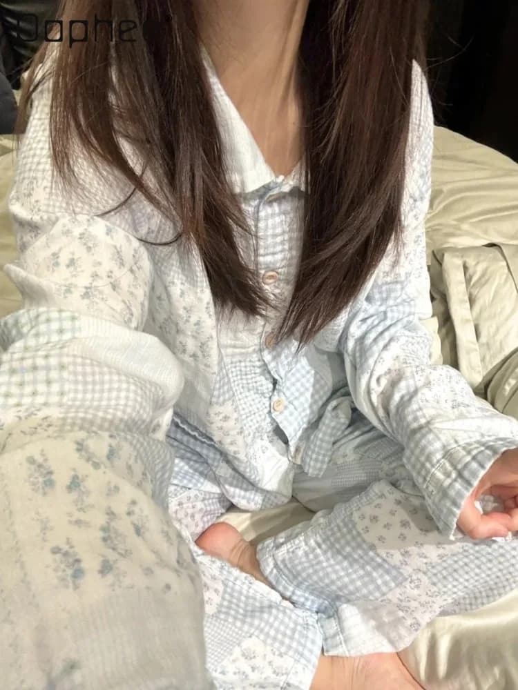Simple Style Pajamas Set Cotton Baby Cotton Double Gauze Lapel Shirt Long Sleeve Trousers Pajamas Loose Casual Women Loungewear