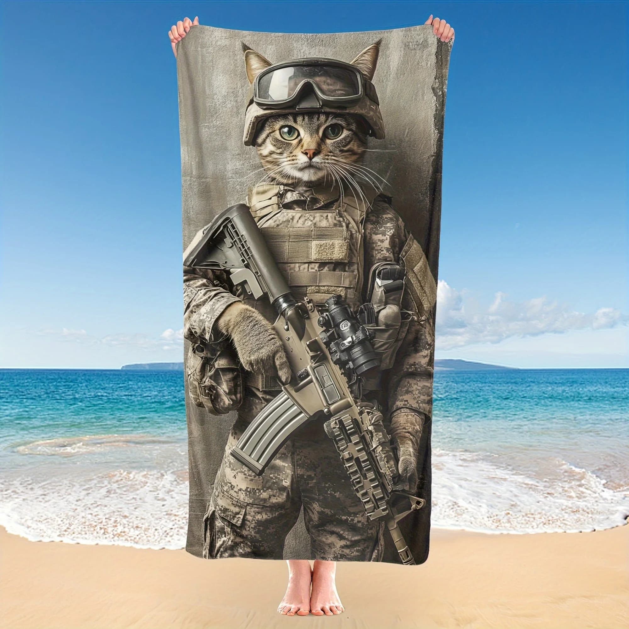 Telo Mare Tattico Militare a Forma di Gatto, Asciugatura Rapida Super Assorbente Anti-Sabbia per Piscina e Viaggi