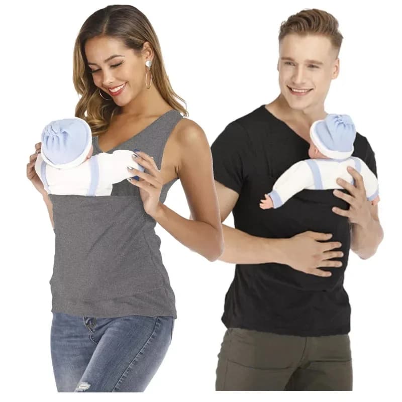 T-shirt con tasca di sicurezza a forma di canguro Baby Summer Gravidanza Carrier Alimentazione Abbigliamento in cotone di nylon Padre Madre Maniche corte Top