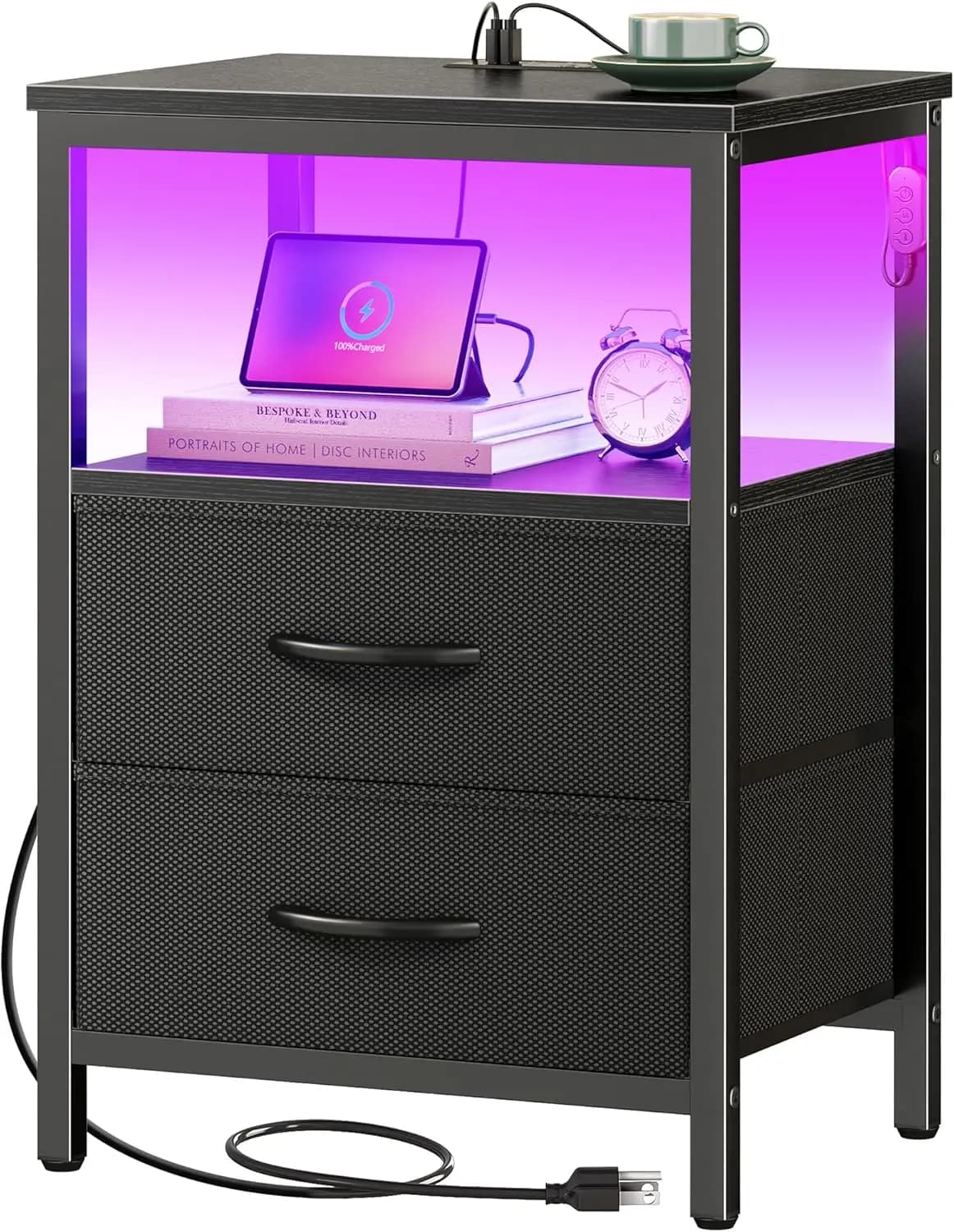 Comodino con Stazione di Ricarica, Luci LED, 2 Cassetti, Ripiano Aperto - Tavolino da Comodino per Camera da Letto